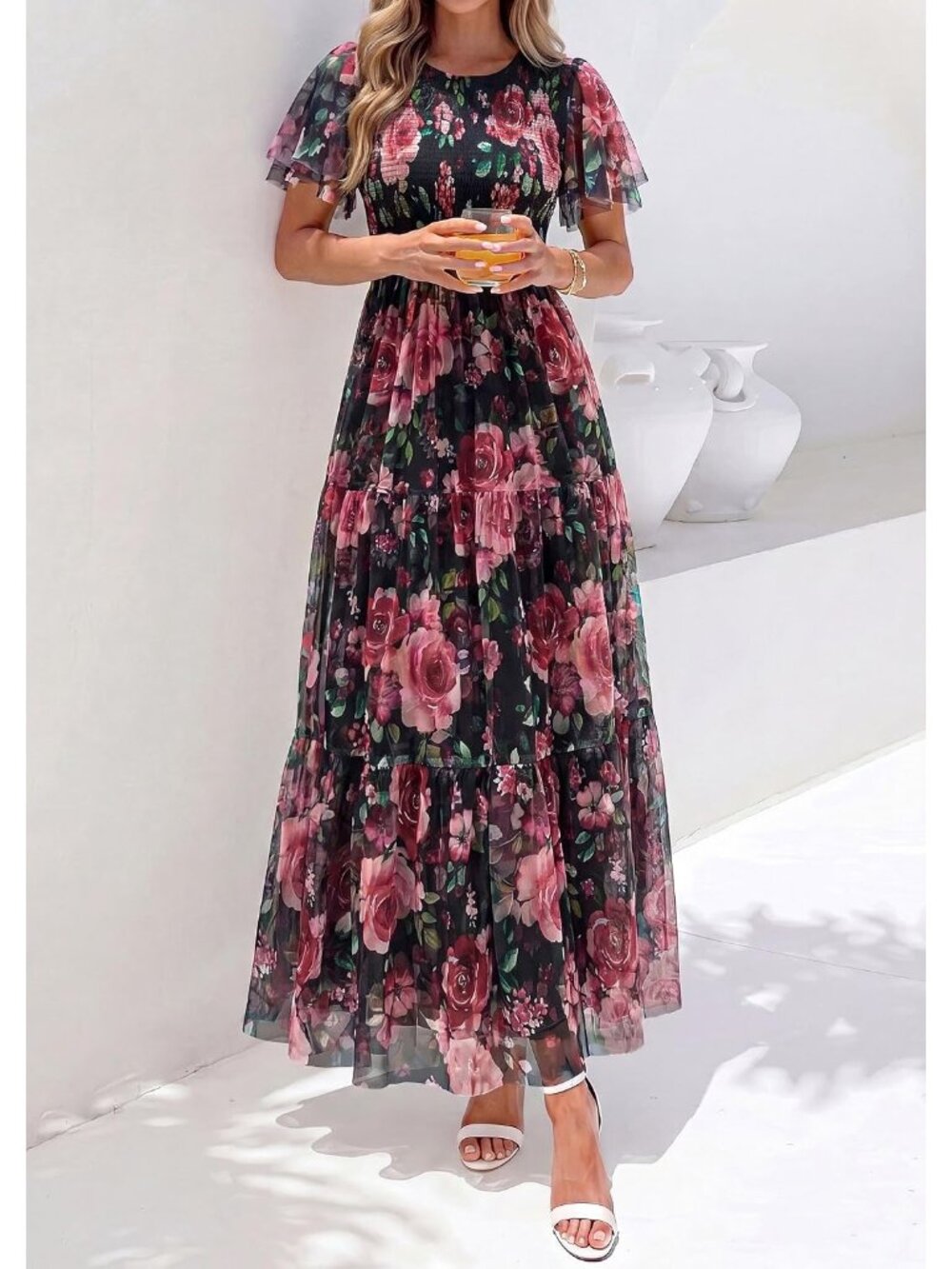 〽️Black Boho Floral Maxi Dress Women’s Flutter Sleeve Smocked Tiered A Line - Picture 5 of 6